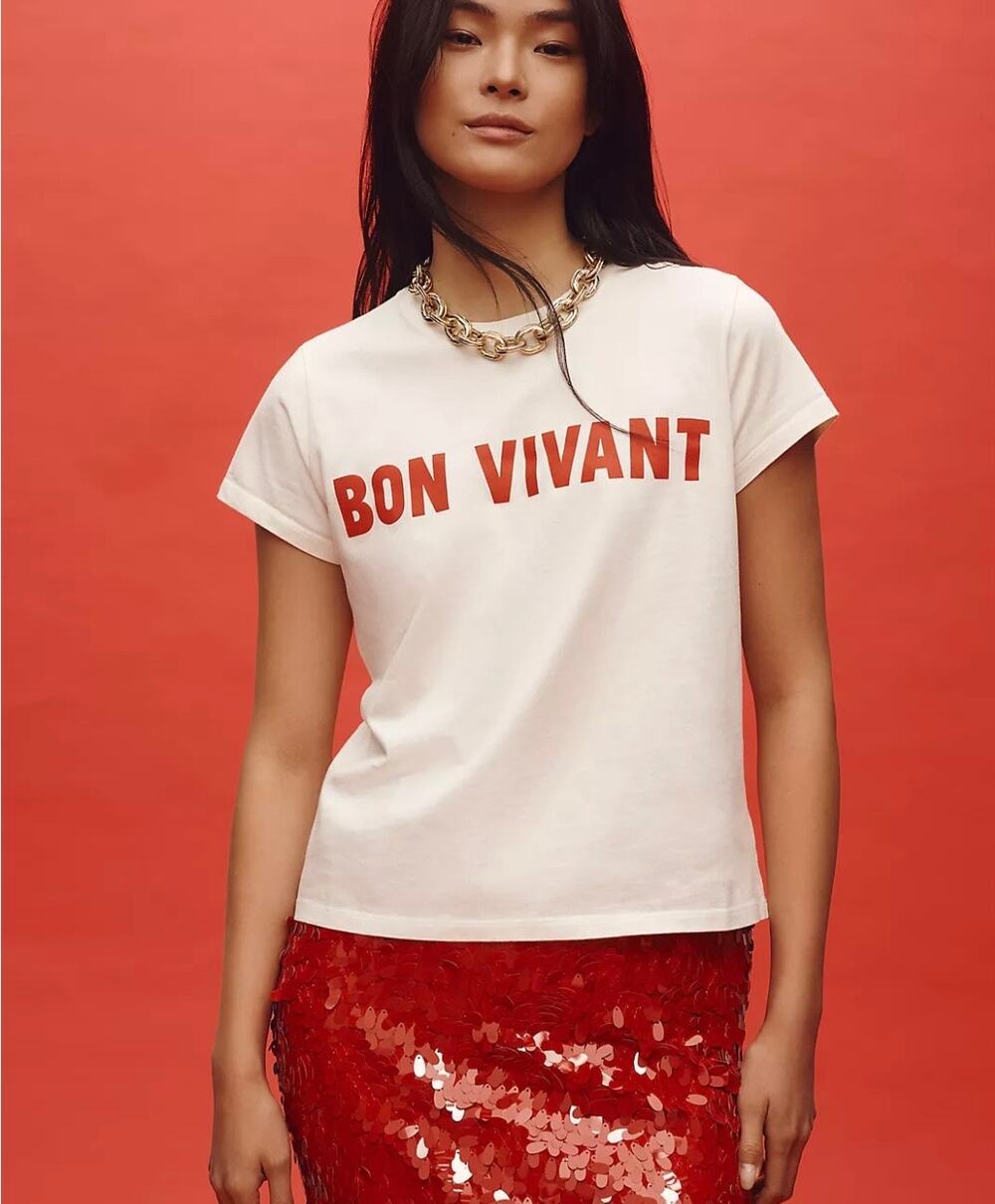 Clare V. Bon Vivant Cream Short-Sleeve Cotton Graphic Spellout Tee Fun French XS
